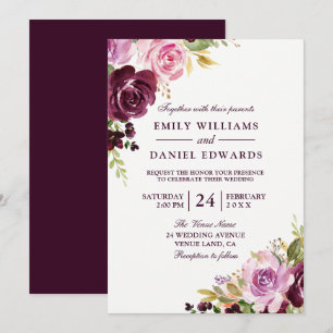 Invitation Aquarelle violet Mariage feuille verte