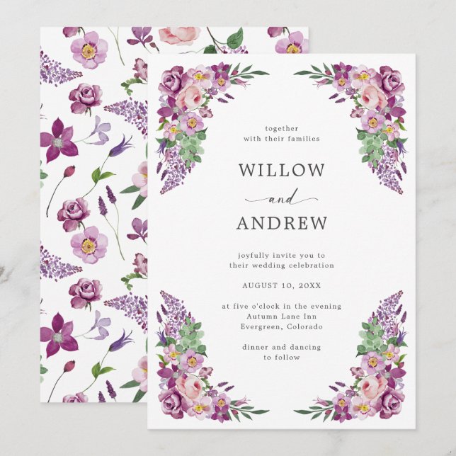 Invitation Aquarelle violet Mariage Floral (Devant / Derrière)