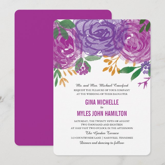 Invitation Aquarelle violet Mariage végétal (Devant / Derrière)