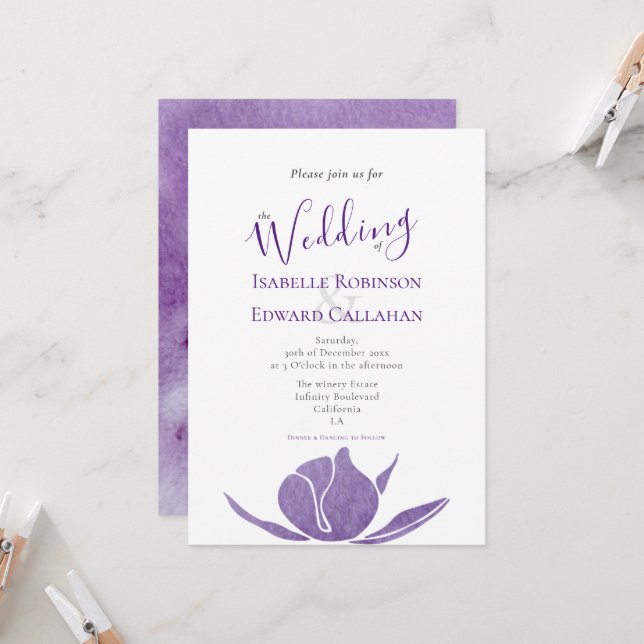 Invitation Aquarelle violet moderne Lotus Floral Mariage (Devant/Arrière en situation)