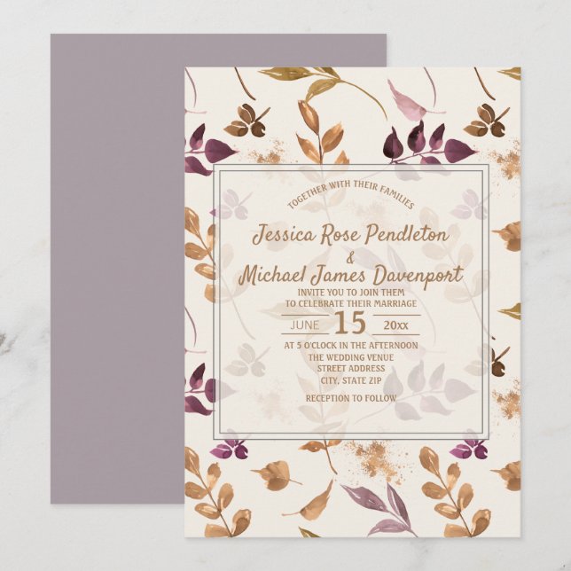 Invitation Aquarelle violet or Feuilles Lilac Crème Mariage (Devant / Derrière)