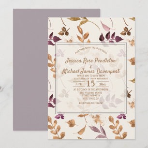 Invitation Aquarelle violet or Feuilles Lilac Crème Mariage