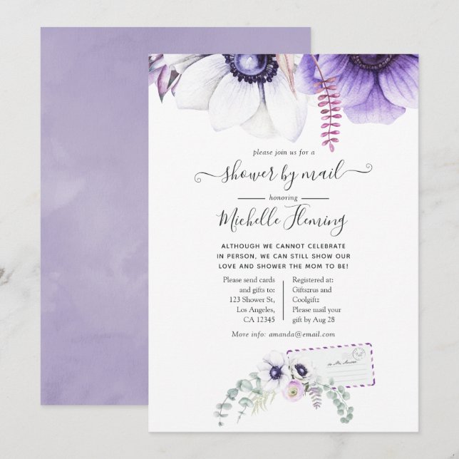 Invitation Aquarelle violet poussiéreuse Baby shower floral p (Devant / Derrière)
