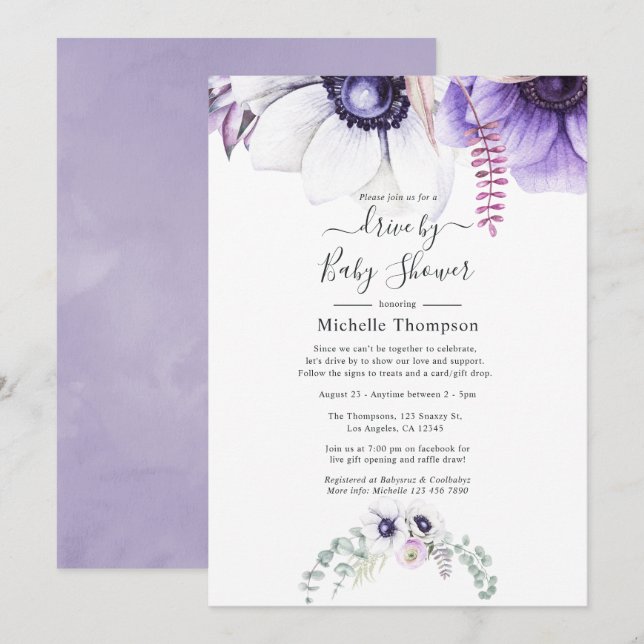 Invitation Aquarelle violet poussiéreuse Flore Drive Par Douc (Devant / Derrière)