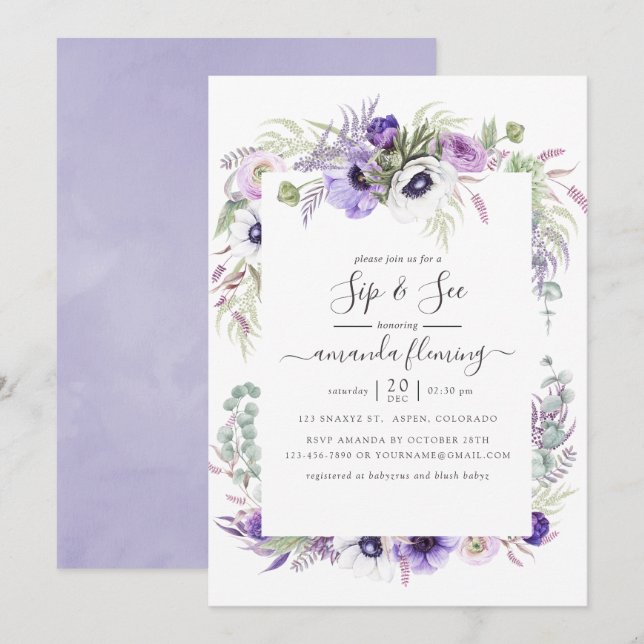 Invitation Aquarelle violet poussiéreuse Sip floral et voir (Devant / Derrière)