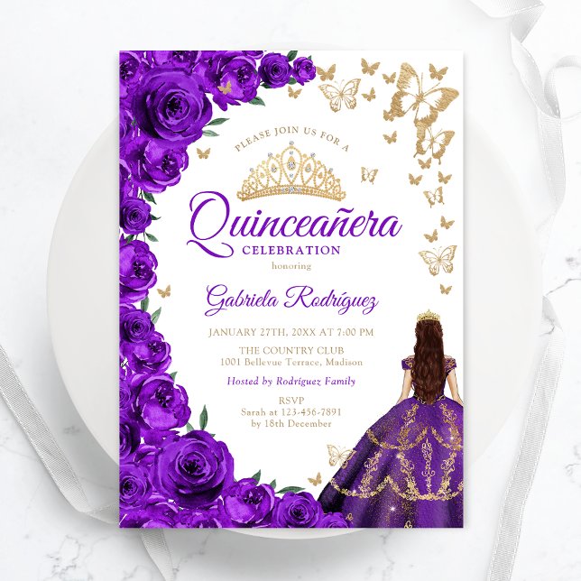 Invitation Aquarelle violet Rose Floral Quinceanera (Créateur téléchargé)