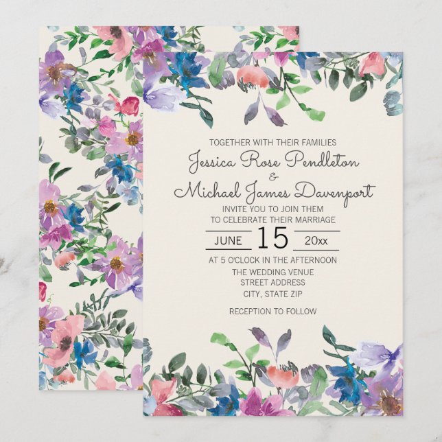 Invitation Aquarelle violet rose pâle Jardin Mariage floral (Devant / Derrière)