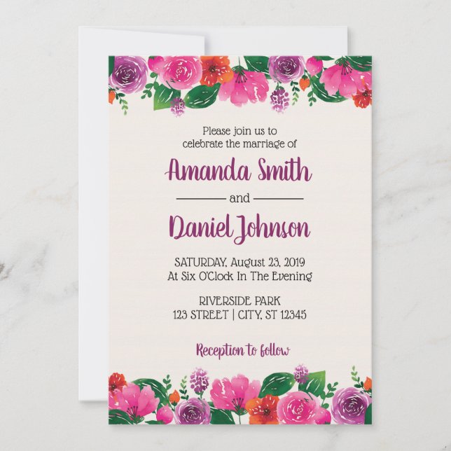 Invitation Aquarelle violet rose rouge Fleurs florales (Devant)