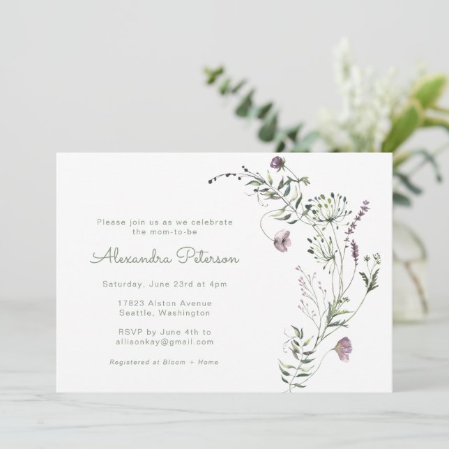 Invitation Aquarelle violet vert Baby shower floral (Debout devant)