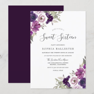 Invitation Aquarelle violet violet Fleurs Douce 16 Partie