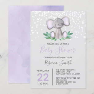 Invitation Aquarelle violette Baby shower éléphant