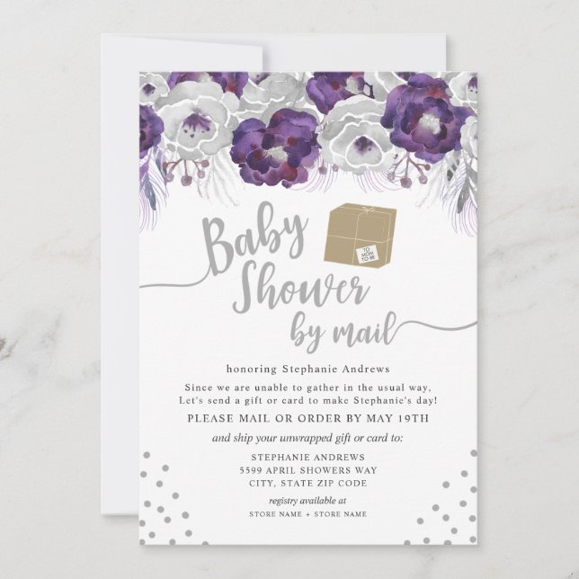 Invitation Aquarelle violette Baby shower floral par la poste (Devant)