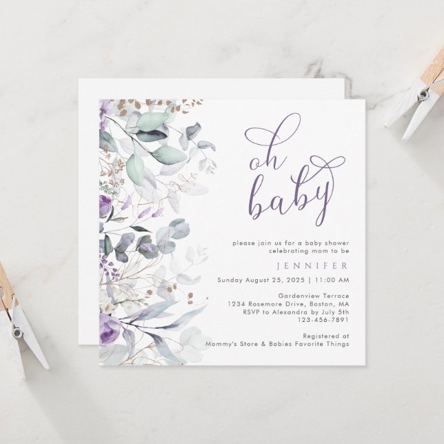 Invitation Aquarelle violette Baby shower Oh (Devant/Arrière en situation)