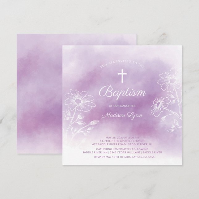 Invitation Aquarelle violette Baptême Christening (Devant / Derrière)