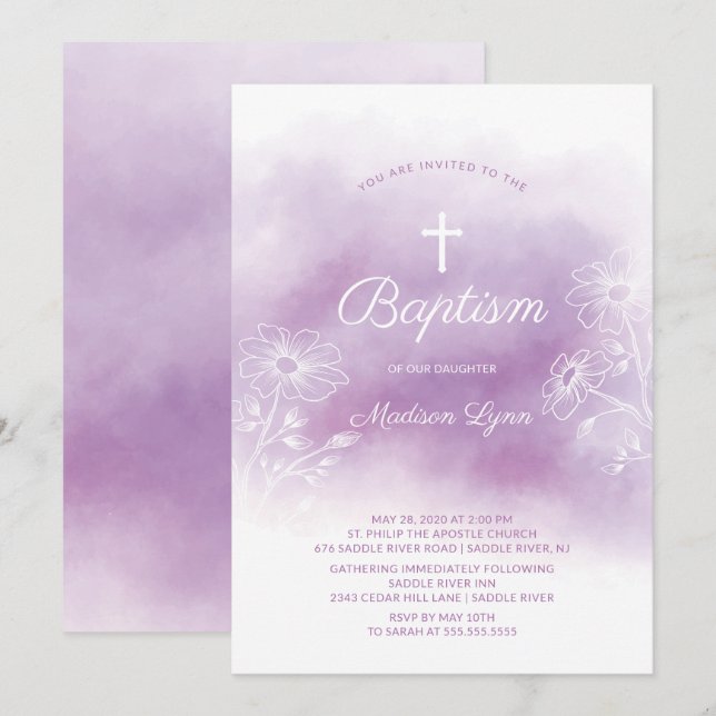 Invitation Aquarelle violette Baptême Christening (Devant / Derrière)
