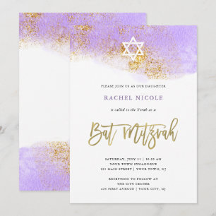 Invitation Aquarelle violette Bat mitzvah d'or Faux