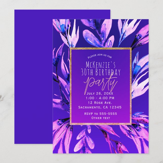 Invitation Aquarelle violette brillante brillante en gras vio (Devant / Derrière)
