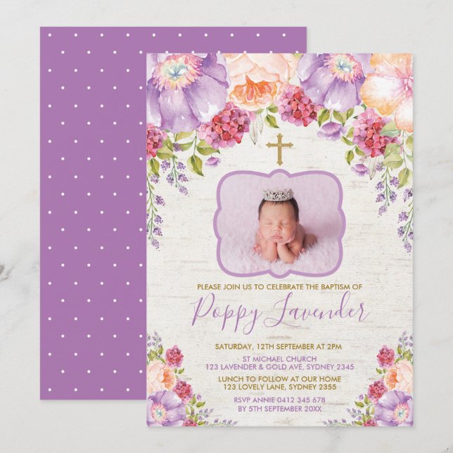 Invitation Aquarelle violette couleur florale Baptême Communi (Devant / Derrière)