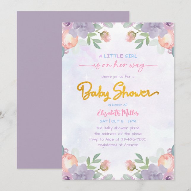 Invitation Aquarelle violette douce Floral Baby Girl Douche (Devant / Derrière)
