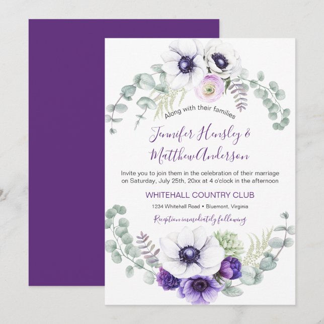 Invitation Aquarelle violette et blanche Mariage floral | (Devant / Derrière)