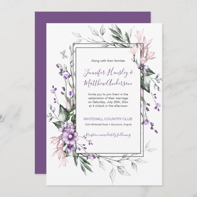 Invitation Aquarelle violette et bleu rectangle floral | (Devant / Derrière)