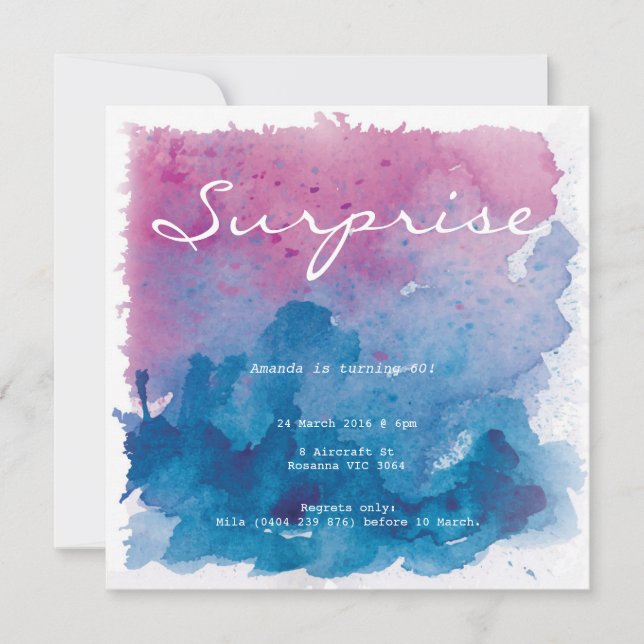 Invitation Aquarelle violette et bleu Surprise Anniversaire (Devant)