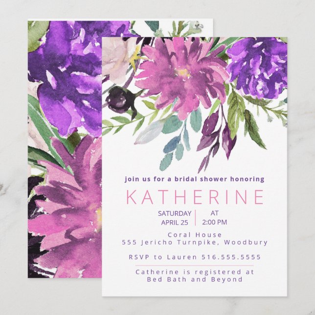 Invitation Aquarelle violette et mauve Fête des mariées flora (Devant / Derrière)