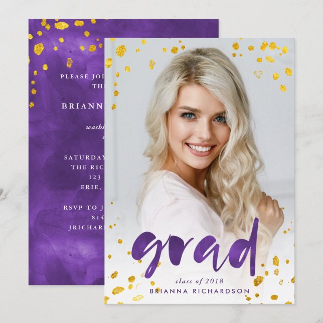Invitation Aquarelle violette et or | Photo Grad Party (Devant / Derrière)