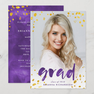 Invitation Aquarelle violette et or Photo Grad Party