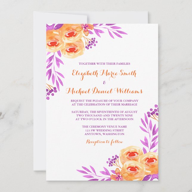 Invitation Aquarelle violette et orange Mariage floral (Devant)