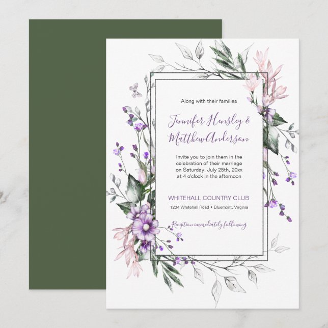 Invitation Aquarelle violette et rose pâle Mariage floral (Devant / Derrière)