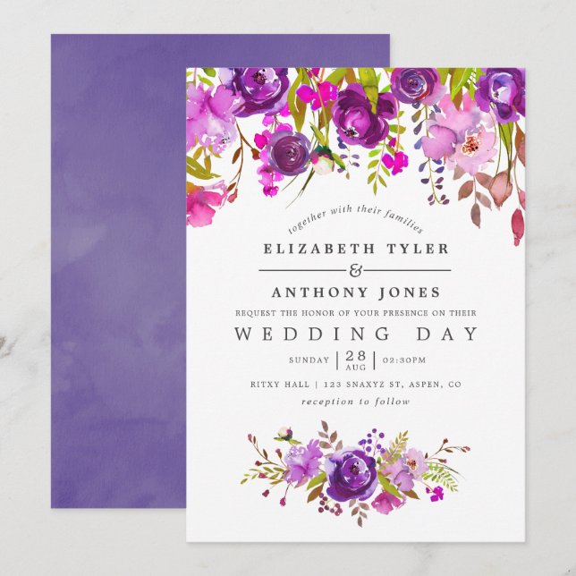 Invitation Aquarelle violette et violet Mariage floral (Devant / Derrière)