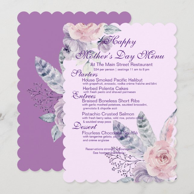Invitation Aquarelle violette Fleur et plumes Fête des mères (Devant / Derrière)