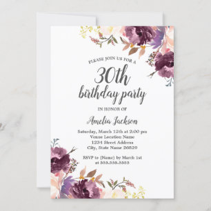 Invitation Aquarelle violette Floral 30e fête d'anniversaire
