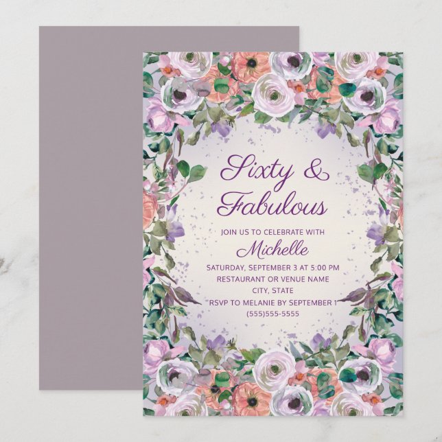 Invitation Aquarelle violette Floral 60 Fabuleux anniversaire (Devant / Derrière)