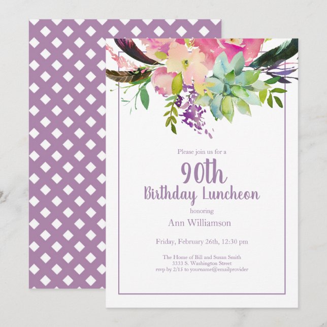 Invitation Aquarelle violette Floral 90e anniversaire (Devant / Derrière)