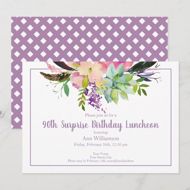 Invitation Aquarelle violette Floral 90e Anniversaire surpren (Devant / Derrière)
