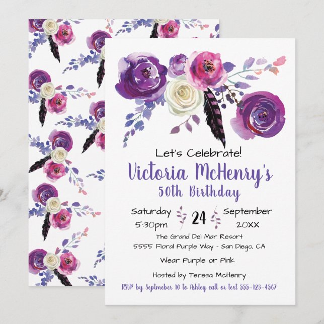 Invitation Aquarelle violette Floral Boho fête d'anniversaire (Devant / Derrière)
