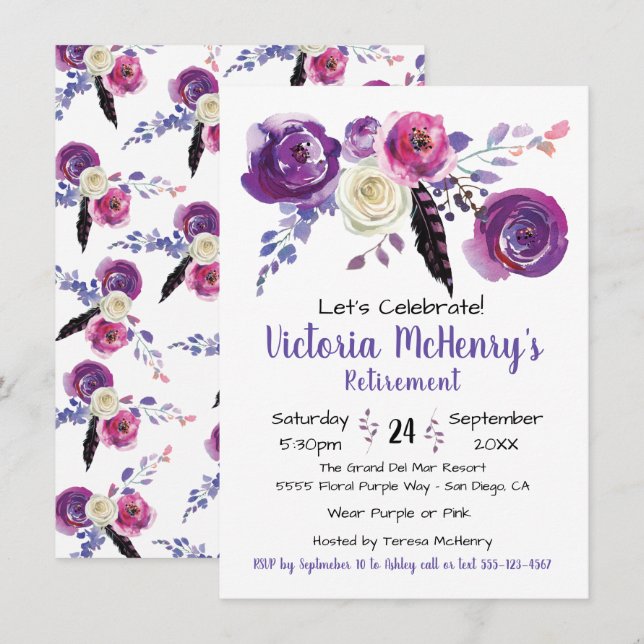 Invitation Aquarelle violette Floral Boho Retraite Party (Devant / Derrière)