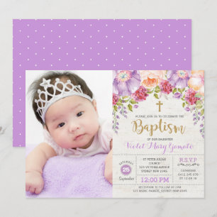Invitation Aquarelle violette Floral Girl Baptême Christening