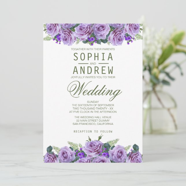 Invitation Aquarelle violette Floral Mariage élégant (Debout devant)