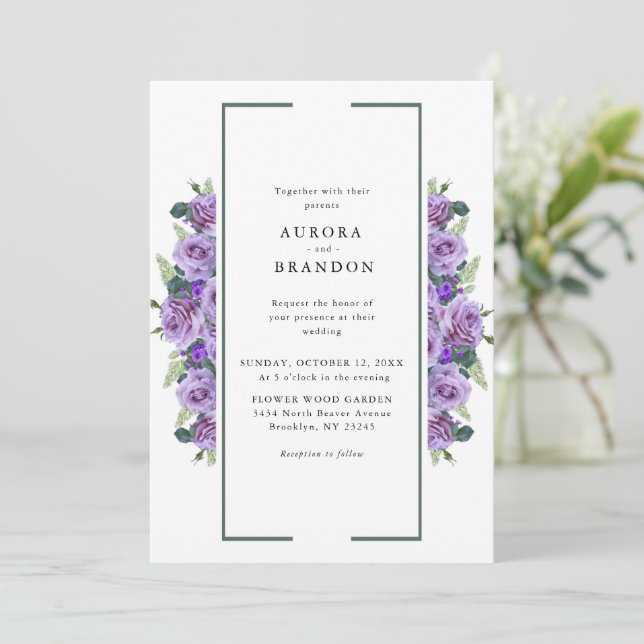 Invitation Aquarelle violette Floral Mariage élégant (Debout devant)