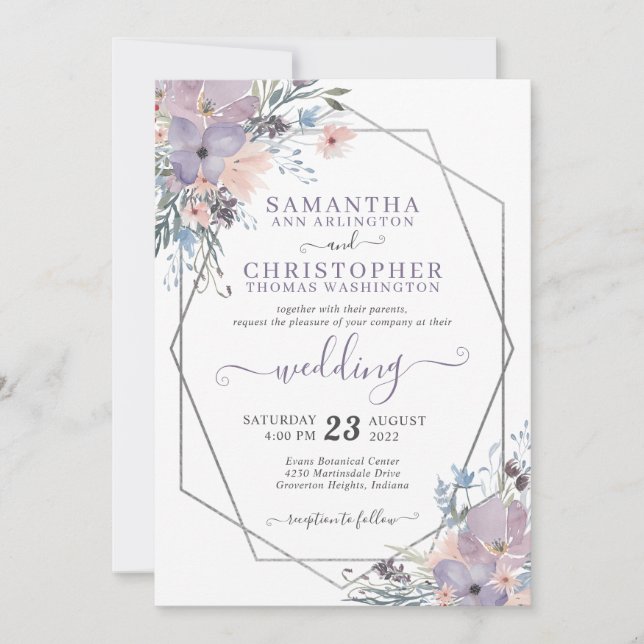 Invitation Aquarelle violette Floral Mariage géométrique (Devant)
