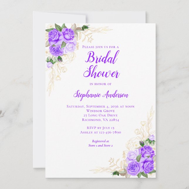 Invitation Aquarelle violette Florale Fête des mariées or (Devant)