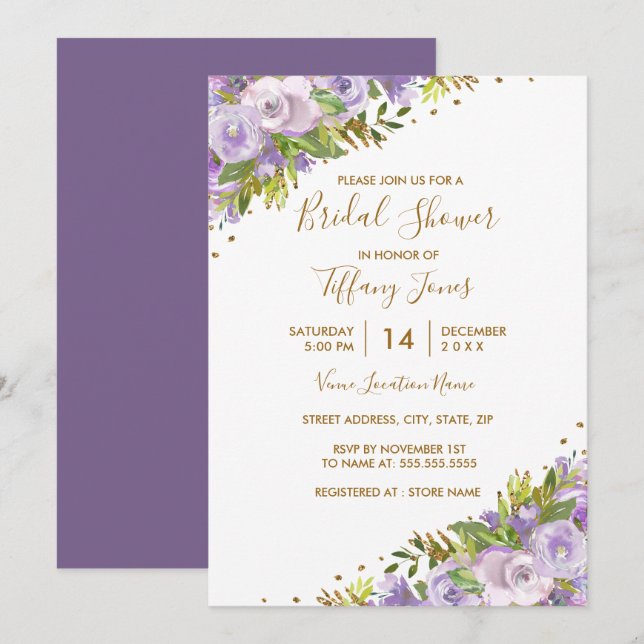 Invitation Aquarelle violette Florale Fête des mariées or (Devant / Derrière)