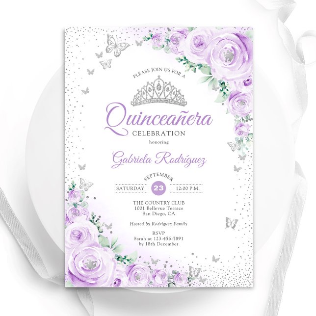 Invitation Aquarelle violette Florale Rose Quinceanera (Créateur téléchargé)