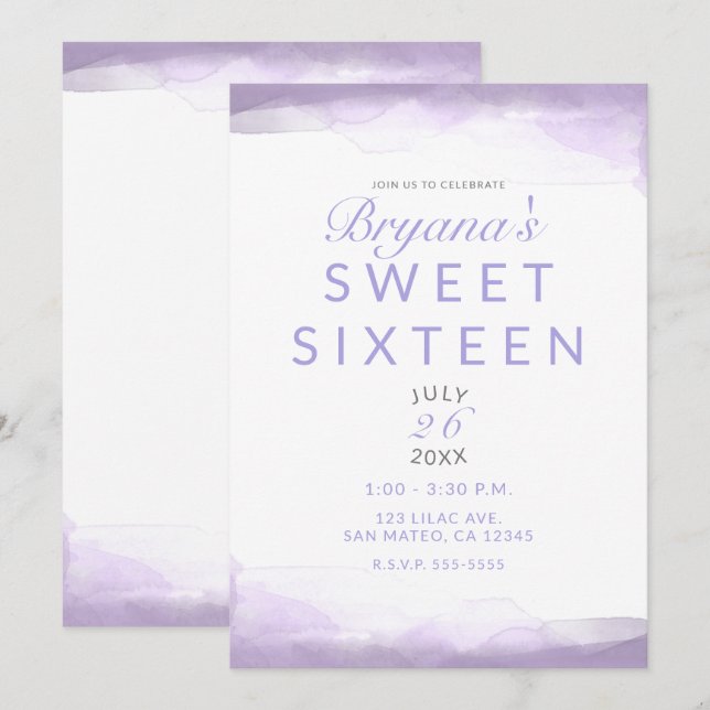 Invitation Aquarelle violette Lavande Moderne Chic Sweet 16 (Devant / Derrière)