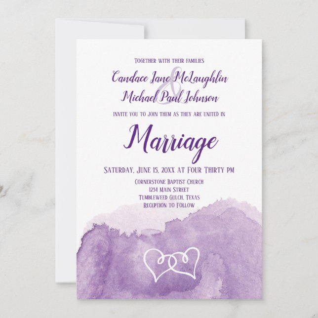 Invitation Aquarelle violette Lavender Mariage double coeur (Devant)