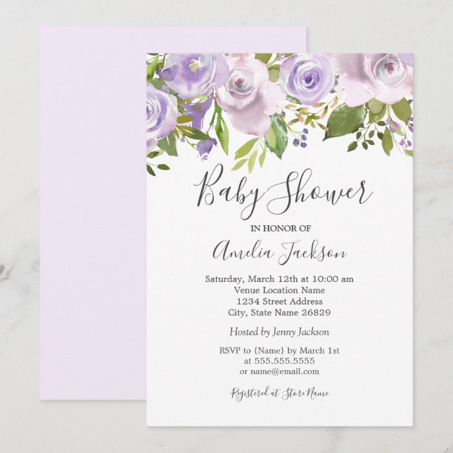 Invitation Aquarelle violette Lilac Baby shower Floral (Devant / Derrière)