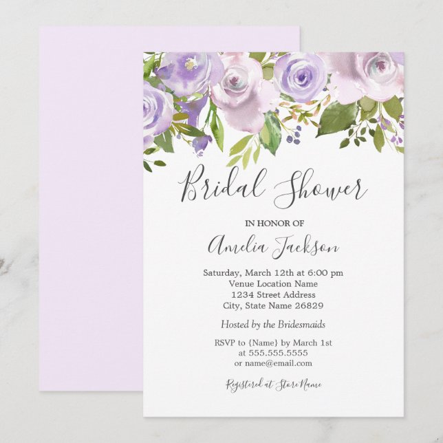 Invitation Aquarelle violette Lilac Fête des mariées florale (Devant / Derrière)
